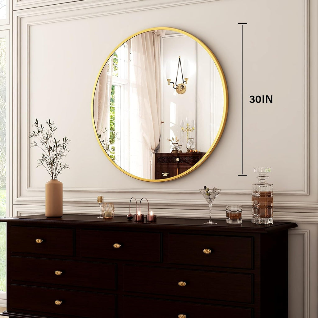 Round Mirror 30 Gold Wall Mounted Circle Mirrors Vanity Mirror with Brushed Aluminum Alloy Frame Modern Decoration