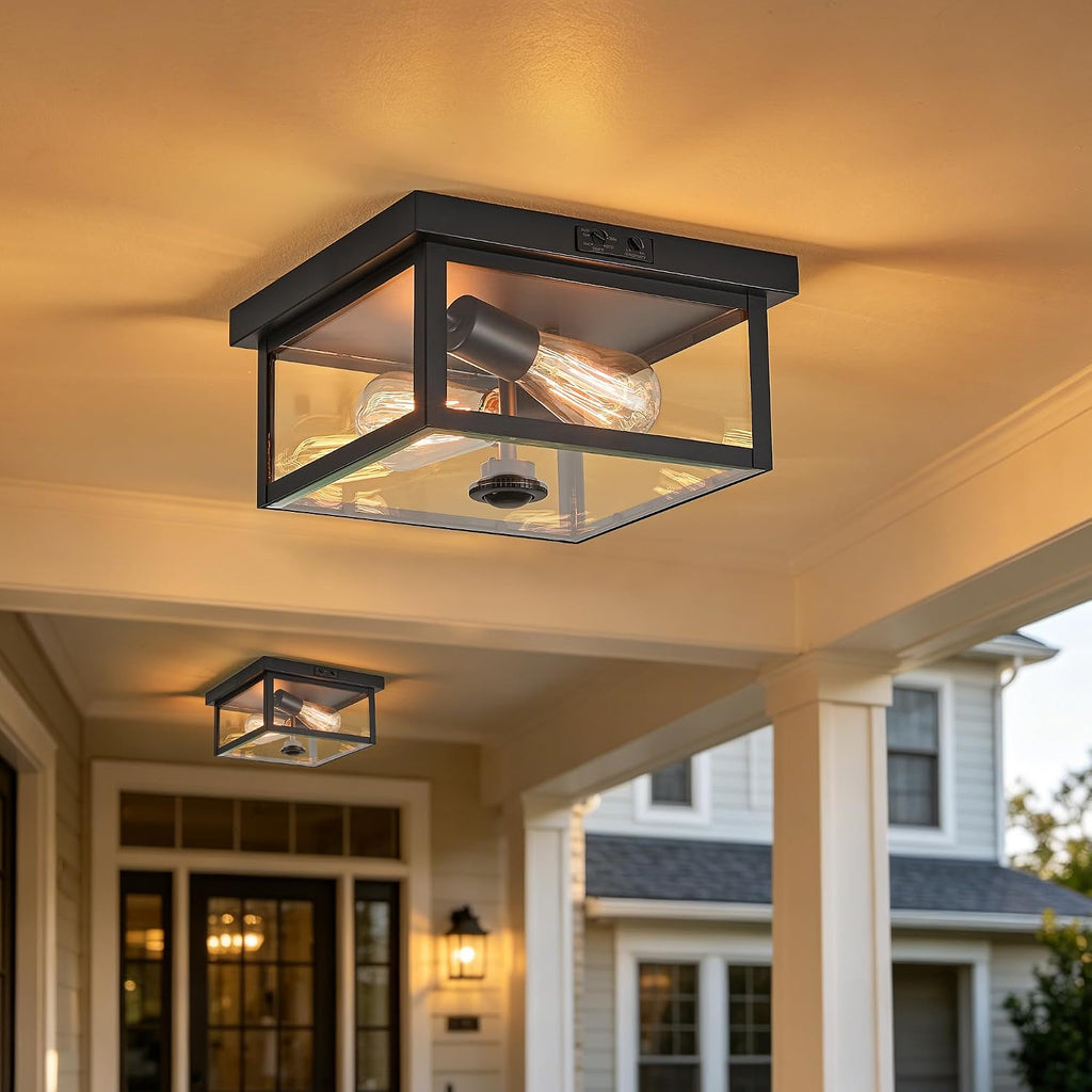 Adjustable Motion Sensor Ceiling Light Fixture Outdoor Modern Design of Squares Flush Mount 2-Light Textured Black