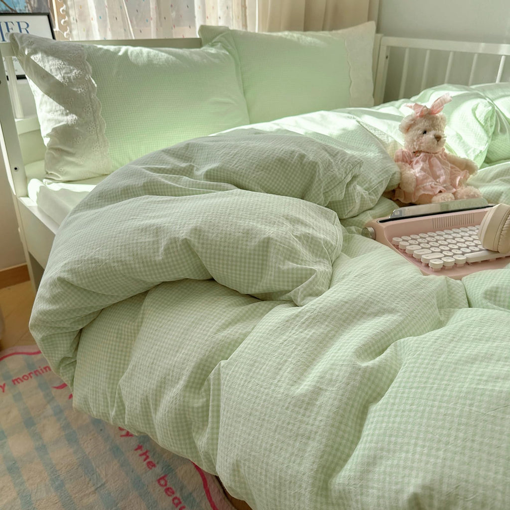 Green Gingham Comforter Set Romantic Lace Style Checkered Pattern Comforter Set Farmhouse Green Grid Plaid