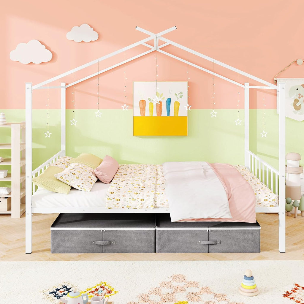 Full Size House Bed with 2 Storage Drawers, Metal Montessori Bed Frame with Headboard & Footboard, Full House Beds