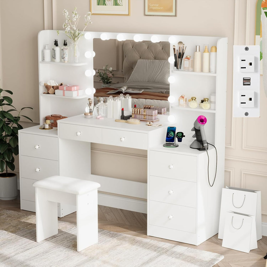Large Vanity Desk with Lighted Mirror Dressing Table | Makeup Vanity with Power Strip, Soft Stool, 8 Drawers, 6 Open