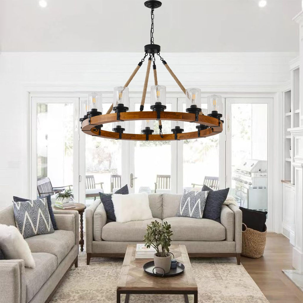 Inspired Camino Style Chandelier - Rustic 12 Light Round Wood Wagon Wheel Chandelier with Seeded Glass Shade, Farmhouse for Dining Room, Kitchen Island, Foyer and Entryway