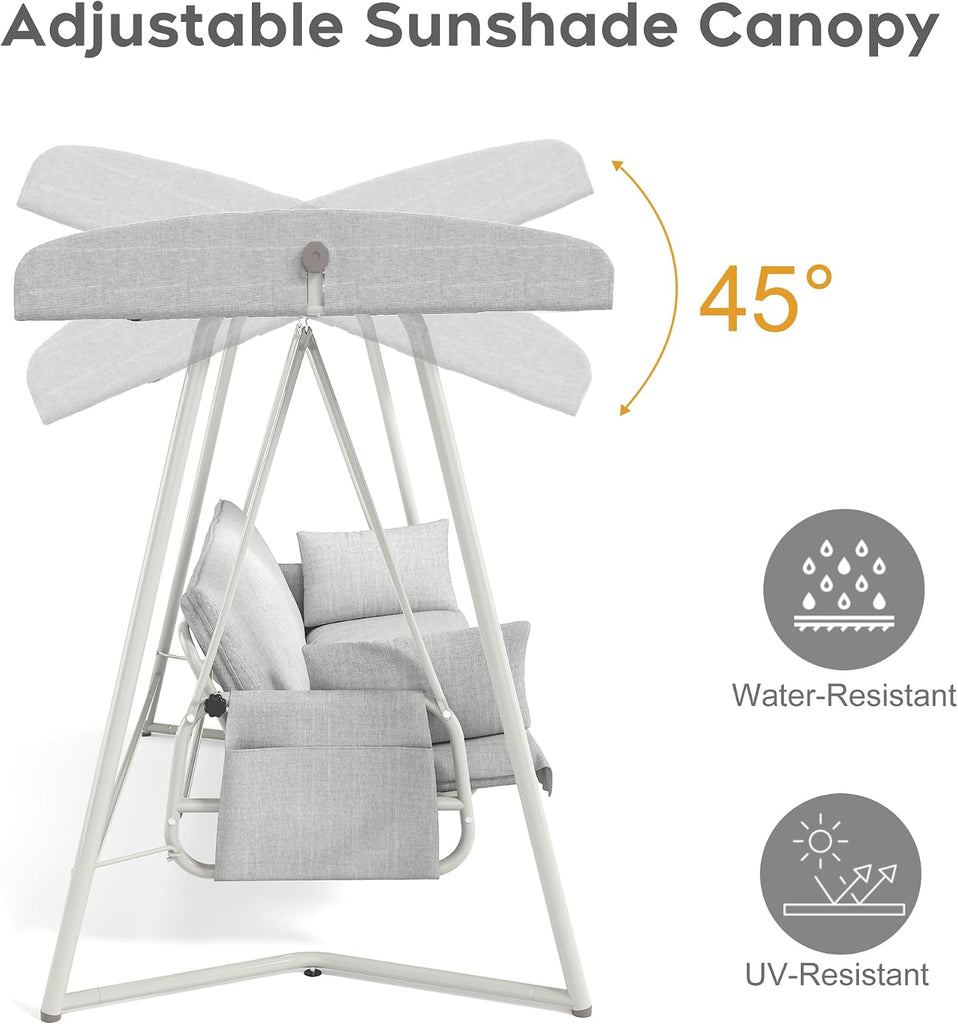 Porch Swing Sofa Bed with Stand and Canopy, Outdoor 3-Seat Bench Swing Heavy Duty, Patio Extra Large Swing Bed with