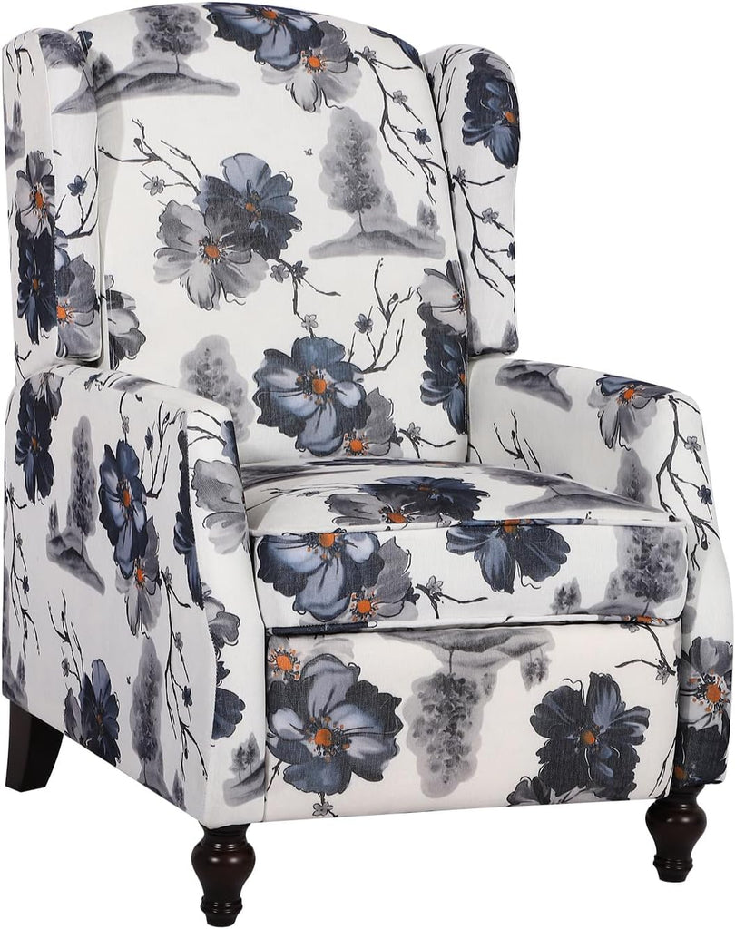 Upholstered Wingback Recliner Chair, Mid Century Modern Manual Push Back Recliner (1, Blue Floral)