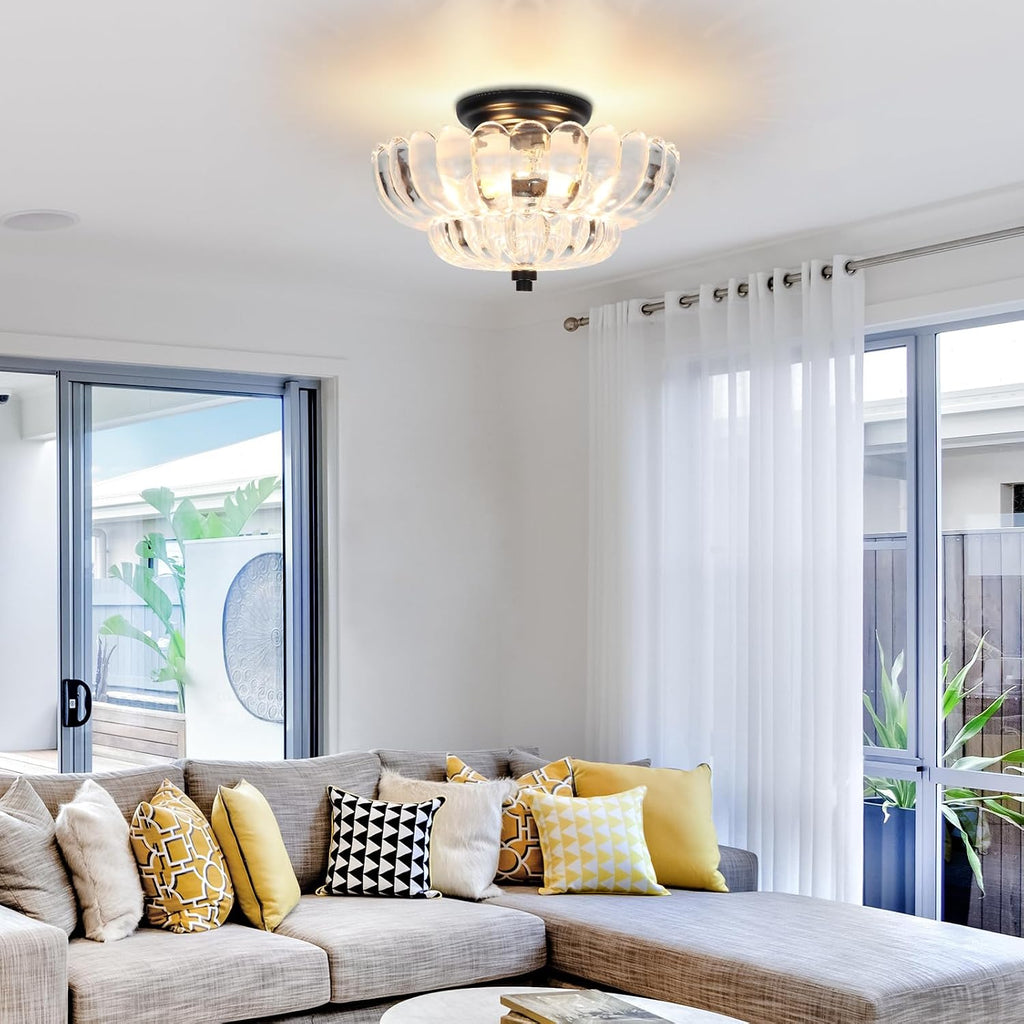 11.8-Inch Black Semi Flush Mount Ceiling Light, Modern 3-Light Clear Glass Chandelier Light Fixture Kitchen Bathroom