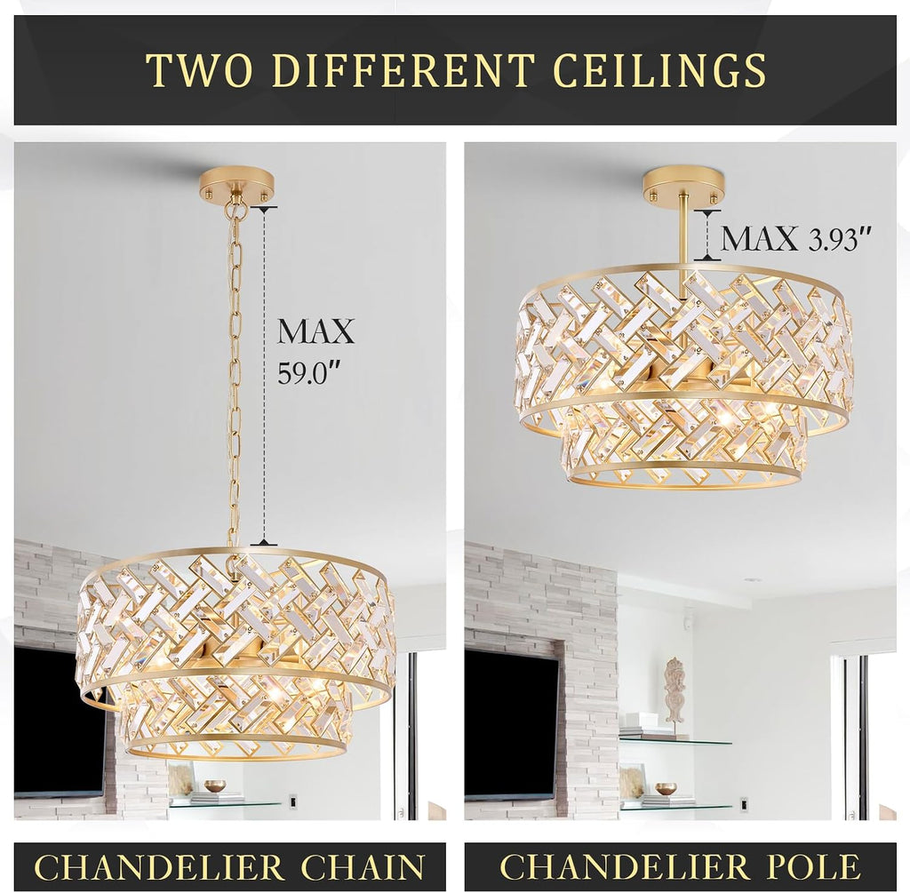 20'' Modern Gold Crystal Chandelier Luxury Semi Flush Mount Ceiling Light Fixtures 6-Lights Round Crystal Pendant