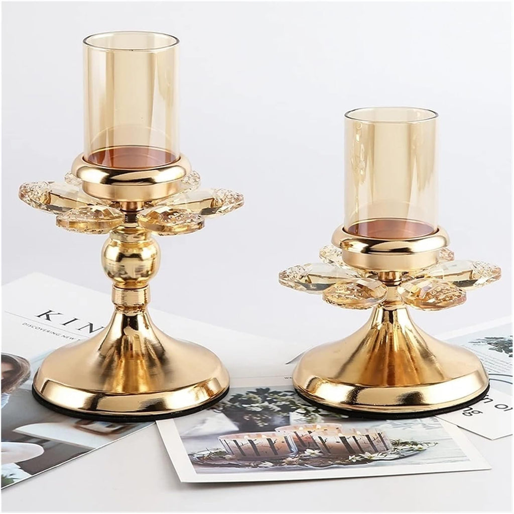 Crystal Candle Holder Luxury Gold Plated Candlestick Table Centerpiece Romantic Candle Stand Home Decoration(One Set)