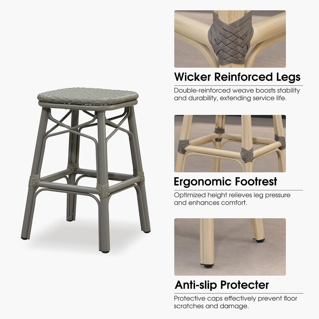 French Counter Height Bar Stool Set of 2 Outdoor Rattan Patio Bar Chairs Aluminum Frame Backless Barstools