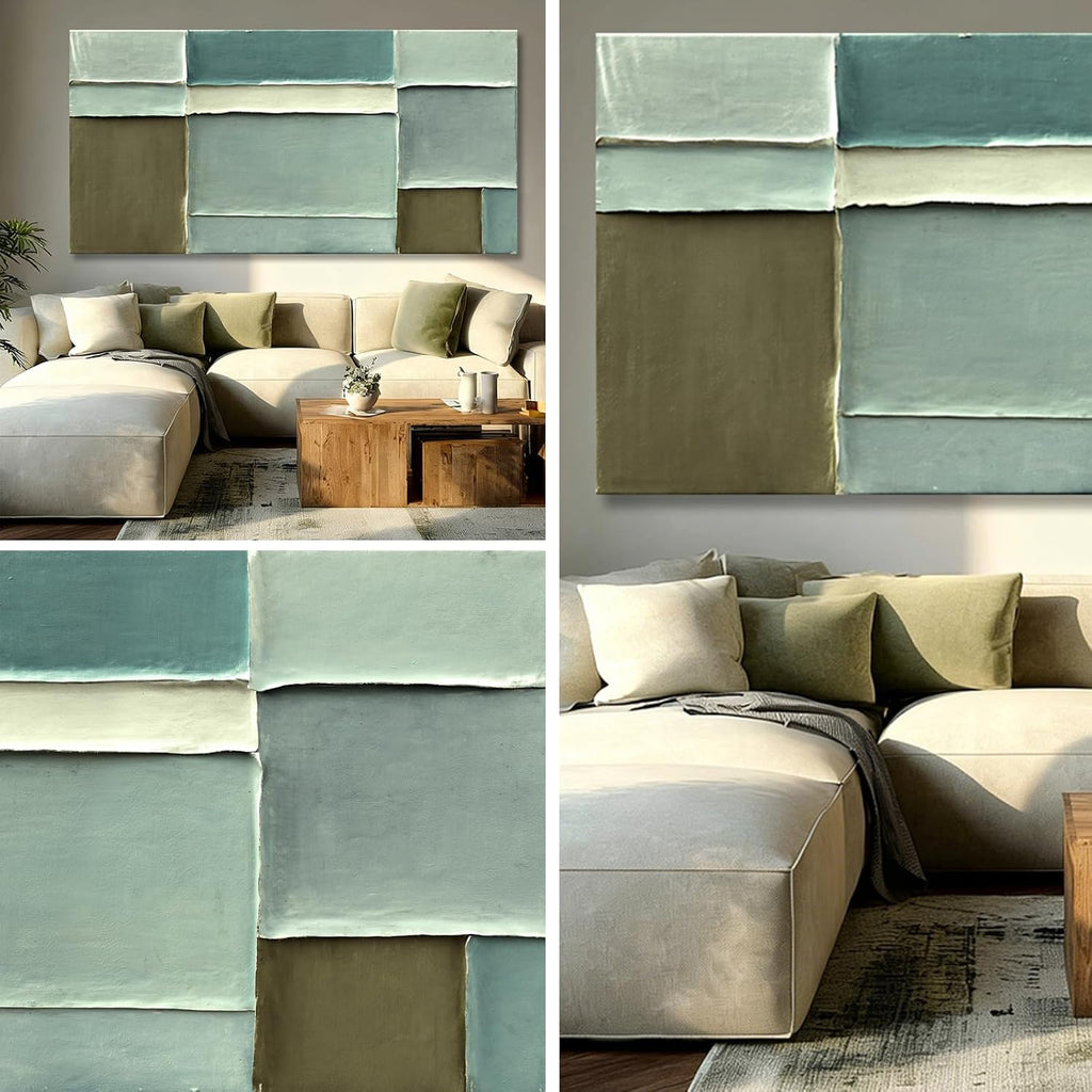 Modern Abstract Green Canvas Wall Art Soft Neutral Color Hand Painting Block Design Minimalist Artwork Bedroom Office
