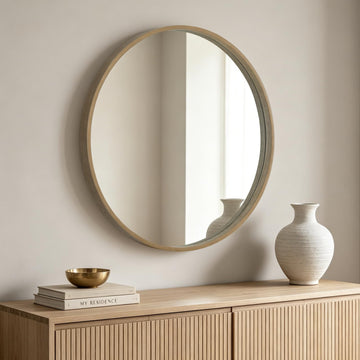 Round Wood Mirror 32 inch Circle Mirror, Rustic Farmhouse Wooden Framed Decorative Wall Decor, Vanity Wall Mirror