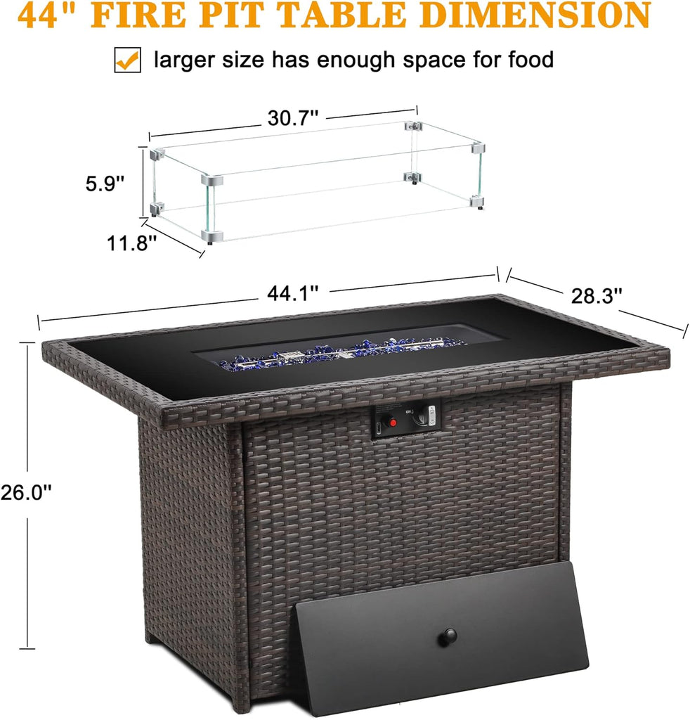 44" Propane Gas Fire Pit Table, 55000 BTU Rectangular Fire Pit with Glass Wind Guard for Outside Patio Deck Garden