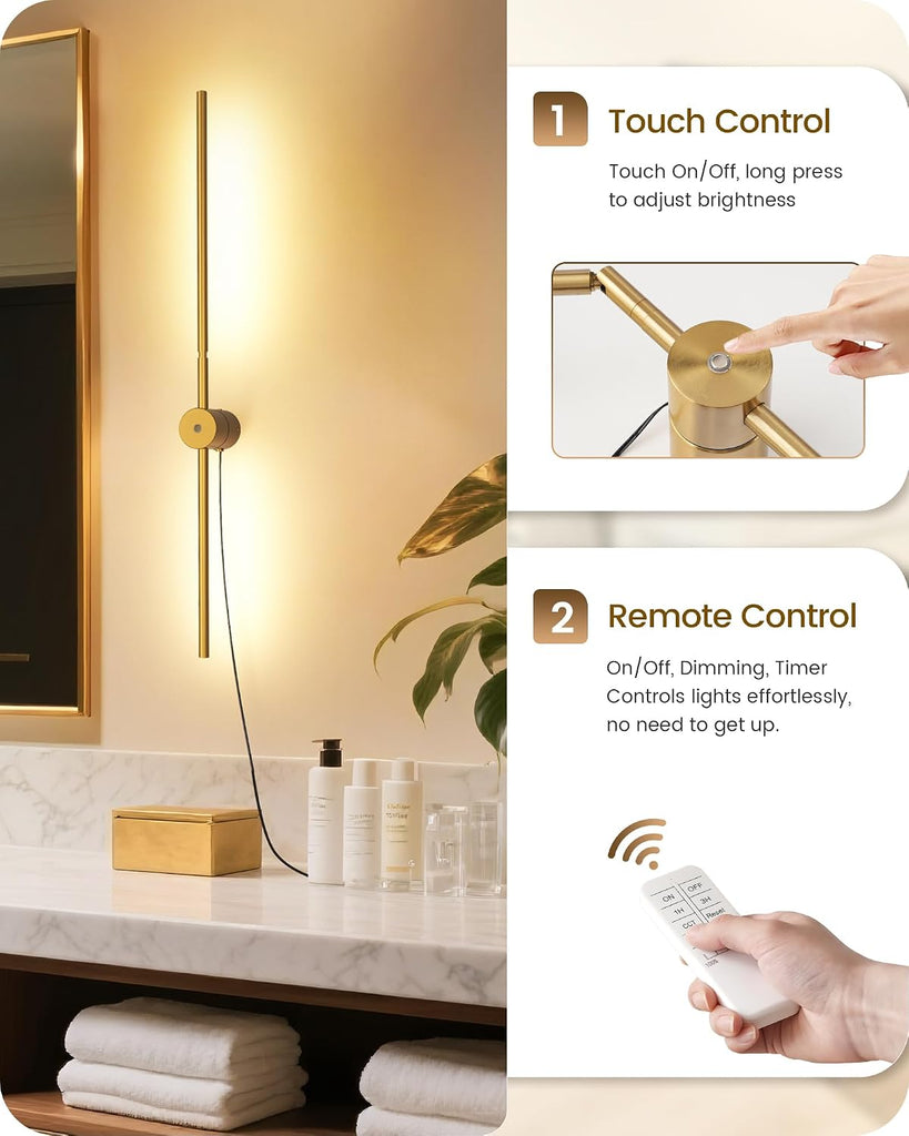 33" Wall Sconces Set of 2 with Remote Control, Dimming & 3 Color Temperatures, Plug-in Gold Wall Lights for Bedroom