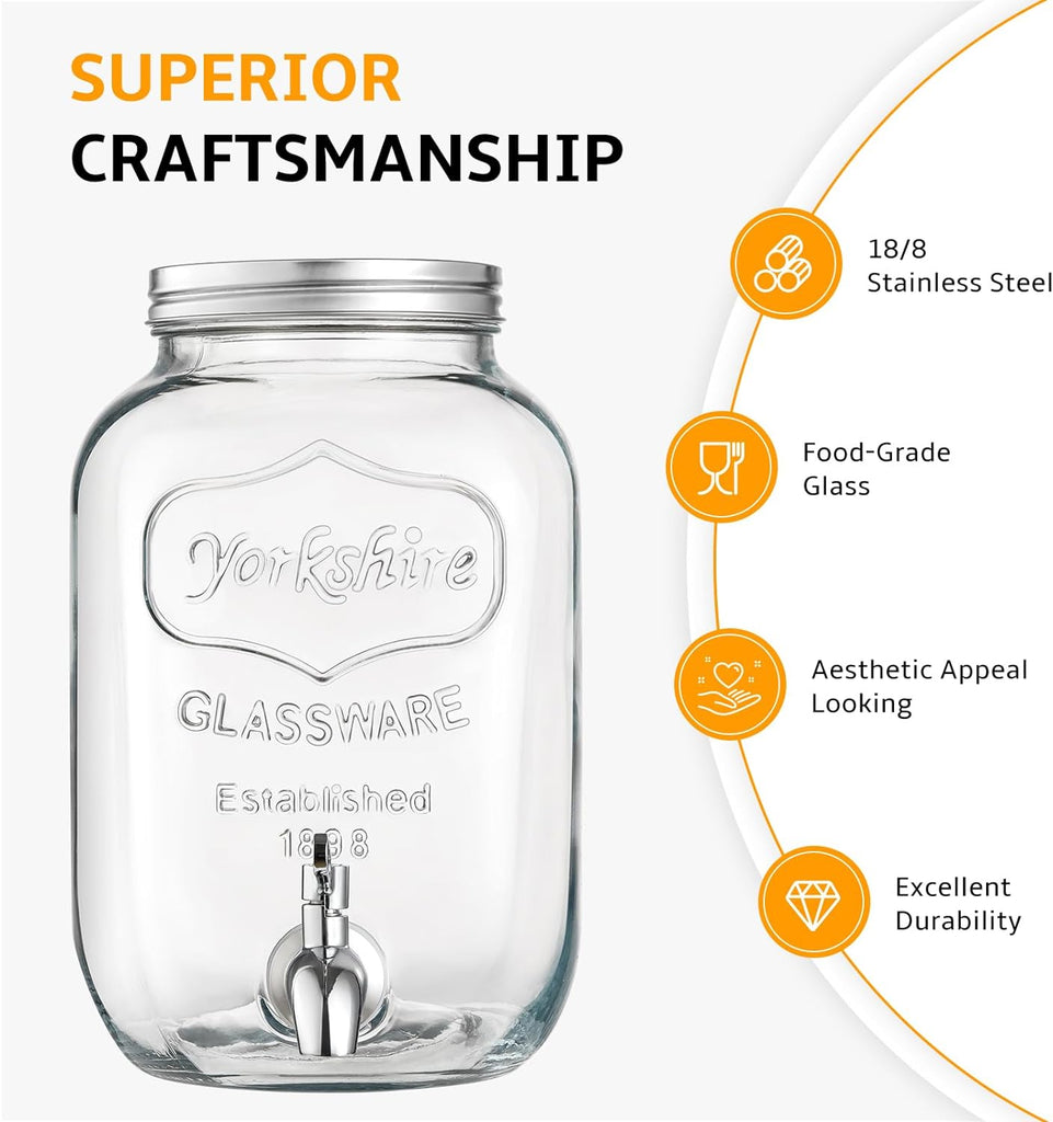 2 Gallon Glass Beverage Dispenser with Stand and Lid, 18/8 Stainless Steel Spigot - Glass Drink Dispensers for