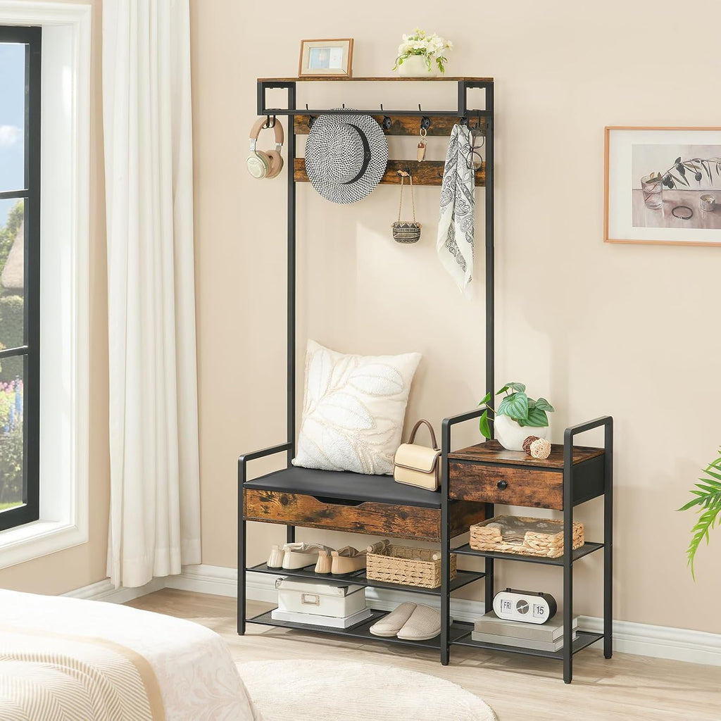 Hall Tree with Bench, Shoe and Coat Rack , Coat Rack with Bench, Flip Top Storage Box, PU Cushioned Seat, Non-Woven