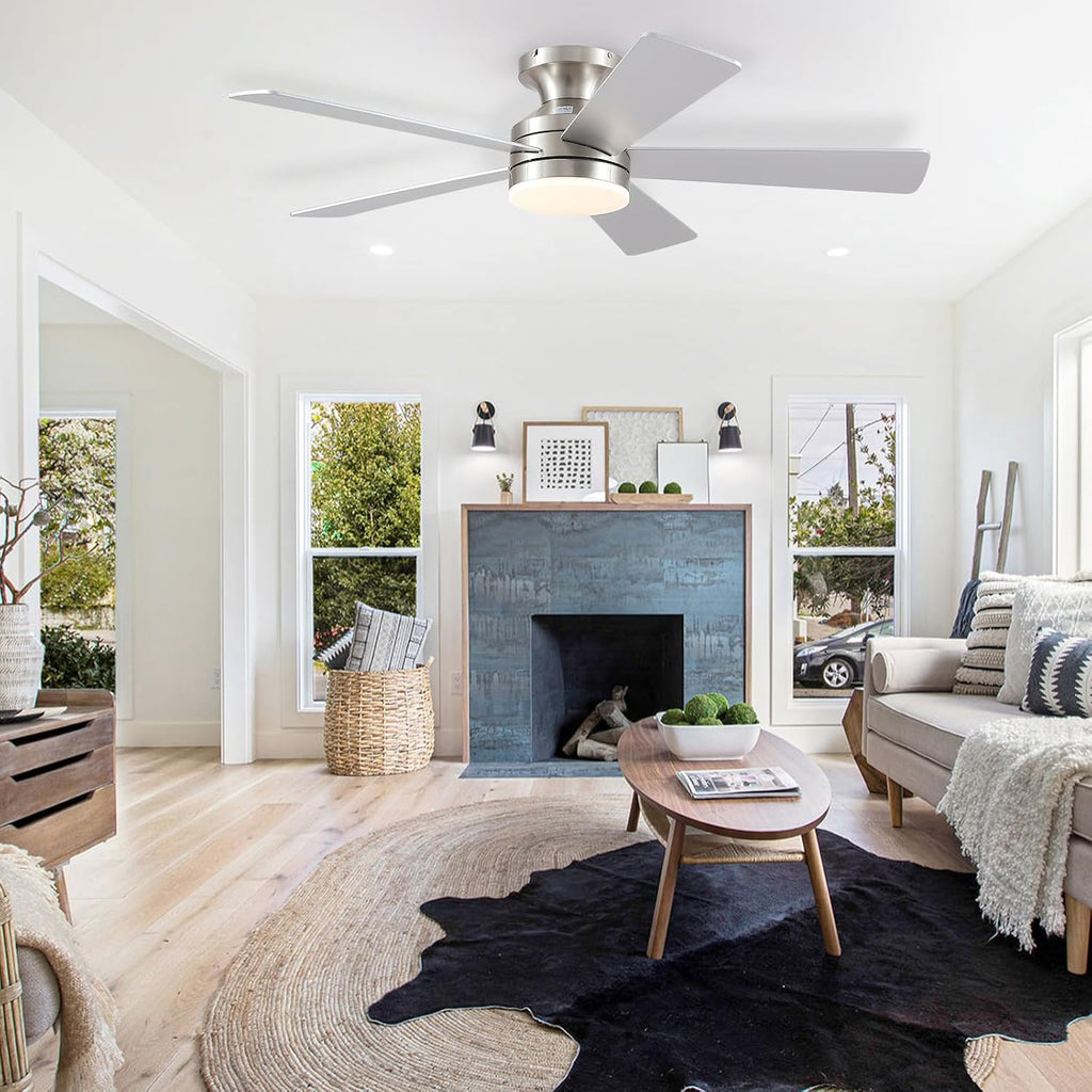46IN Ceiling Fan with Lights and Remote/APP - Flush Mount Low Profile Ceiling Fan Light with 3CCT Dimmable, 6 Speeds Reversible, Modern Fan Light Fixture for Indoor, Covered Patios, Nickel