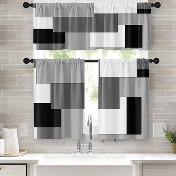 Black White Gray Kitchen Window Curtains Valance and Tier Set, Dark Grey Modern Geometric Rod Pocket Short