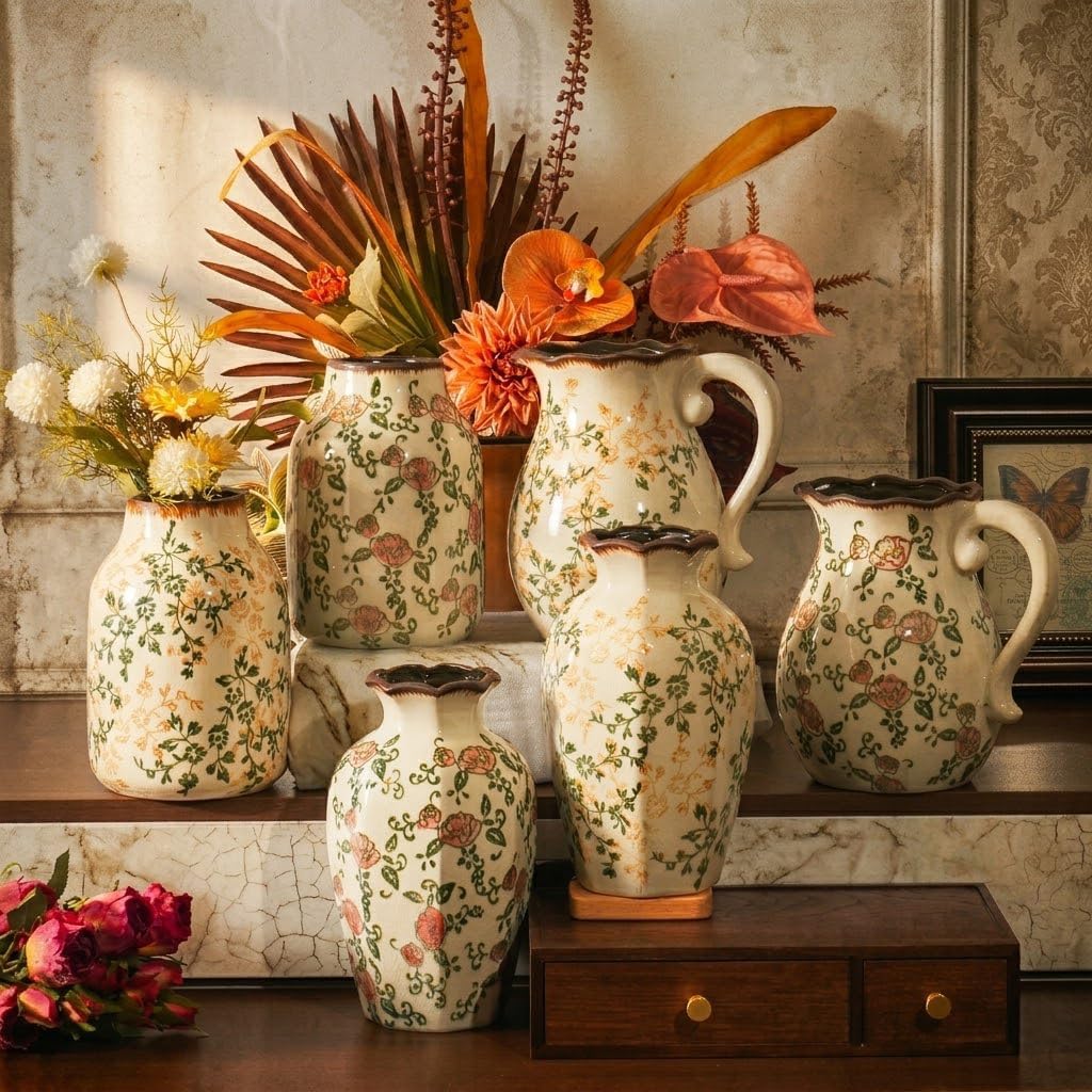 Vintage Ceramic Vase - 8.2 Inch Hand-Painted Roses with Ice Crackle Glaze Finish, American Farmhouse Style Pitcher Vase
