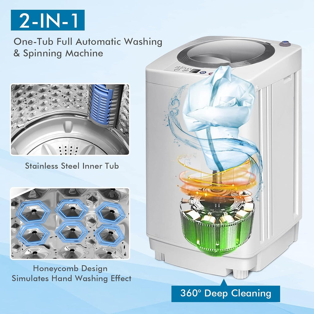Portable Washing Machine, 8Lbs Capacity Full-automatic Washer with 6 Wash Programs, LED Display, 3 Water Levels