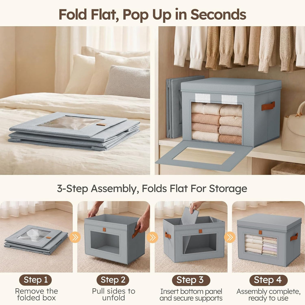 Storage Bins with Lids - Front Opening Storage Box with Clear Window & Handles, Stackable Foldable Fabric Bins for