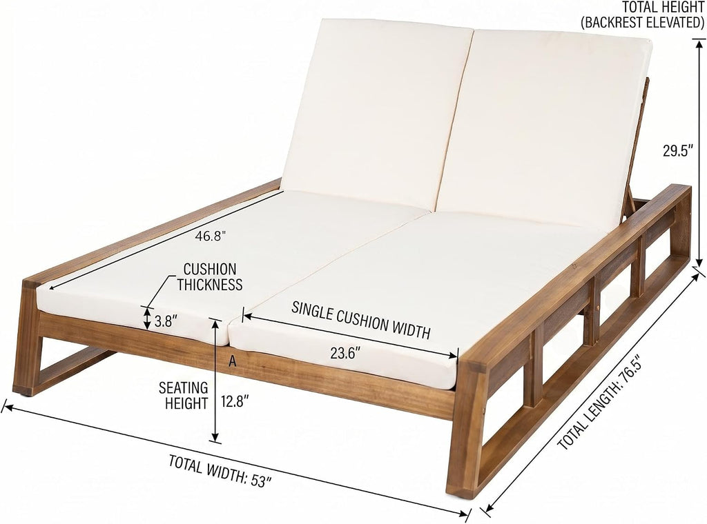 Acacia Wood Outdoor Double Chaise Lounge with Adjustable Backrest Patio Daybed with Thick Cushions Backyard Balcony