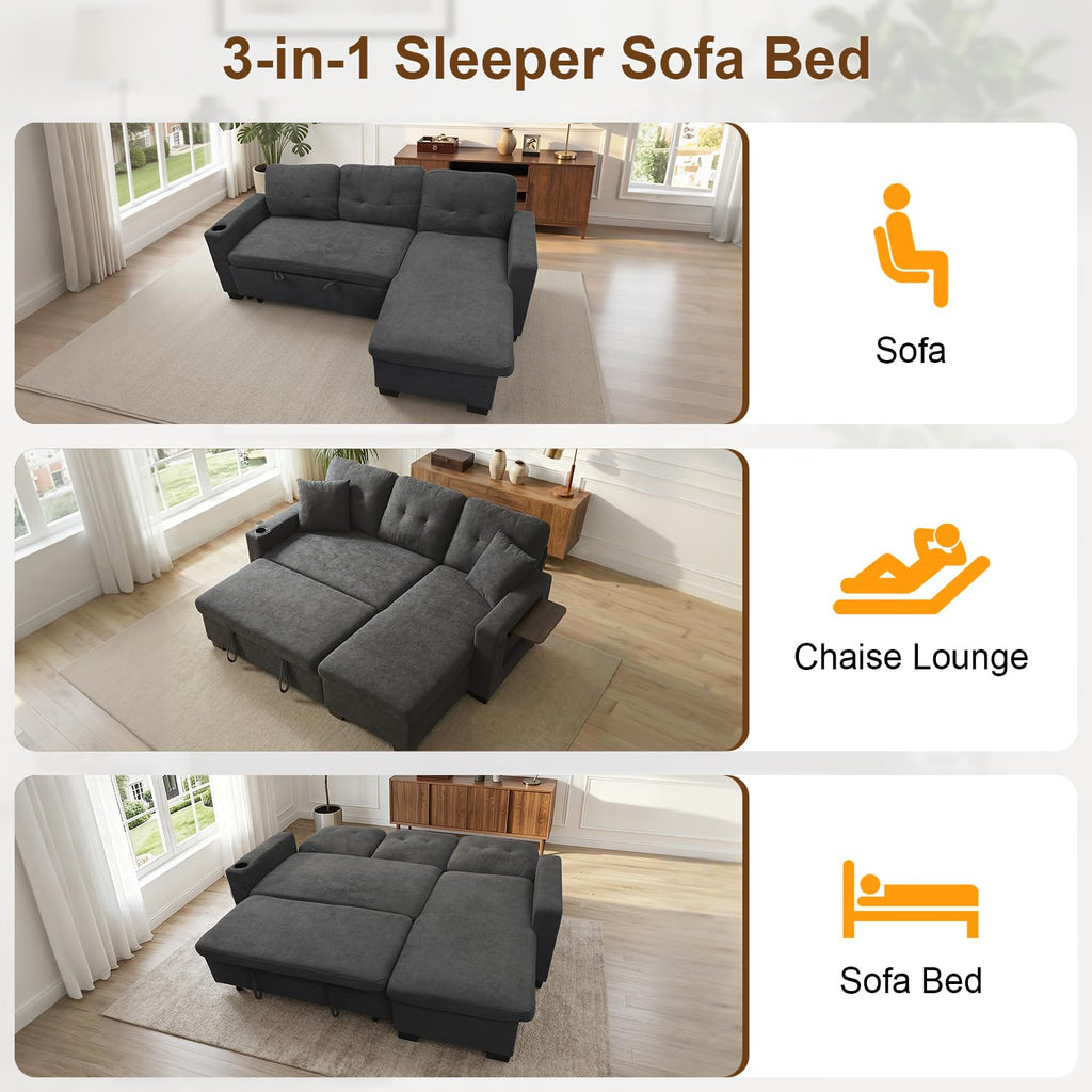 82" L Shaped Sleeper Sofa Bed, Pull Out Sectional Couch with Storage Chaise/Reclining Backrest, Sectional Couches