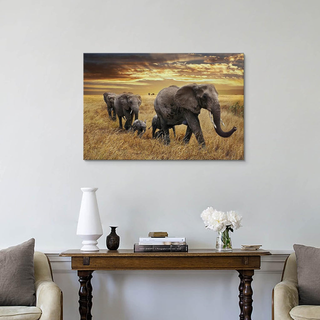 Elephant Canvas Picture Wall Art: Elephant Family Migrate Painting yellow Autumn Sunset Prints Panoramic Animals