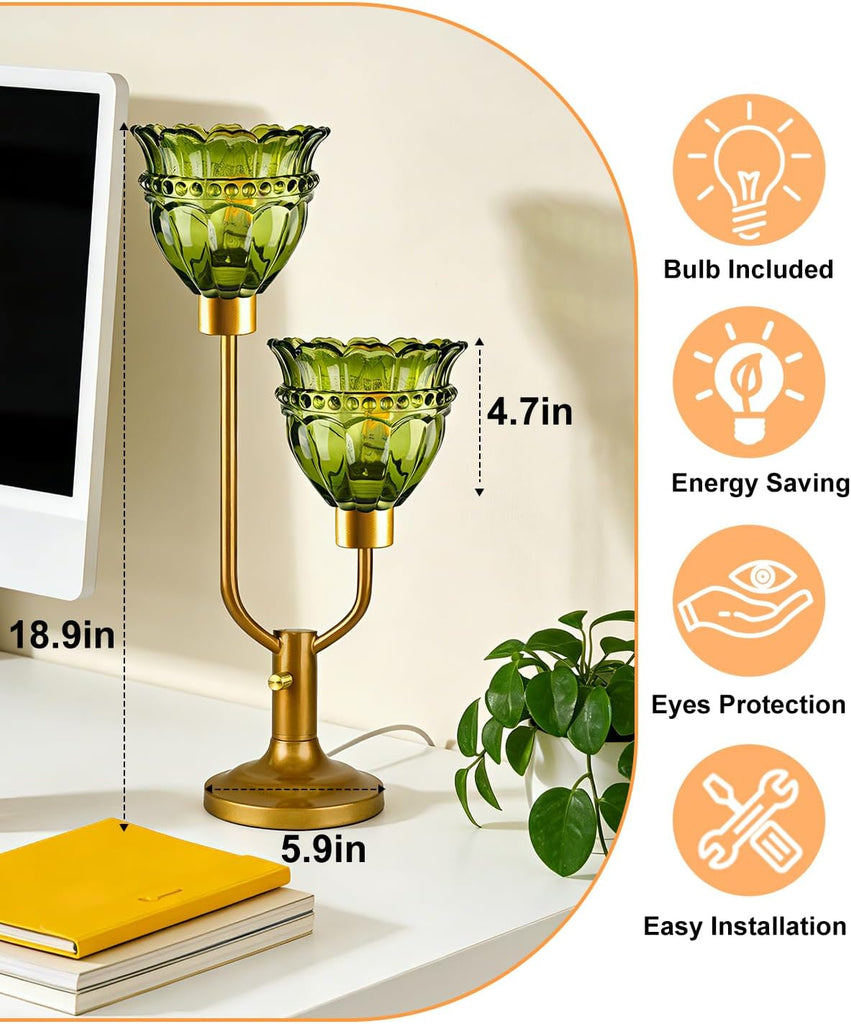 Mid Century Modern Glass Green Table Lamp 2-Light Gold Dimmable Desk Lamps with Crown Glass Shade & 3000K Warmwhite