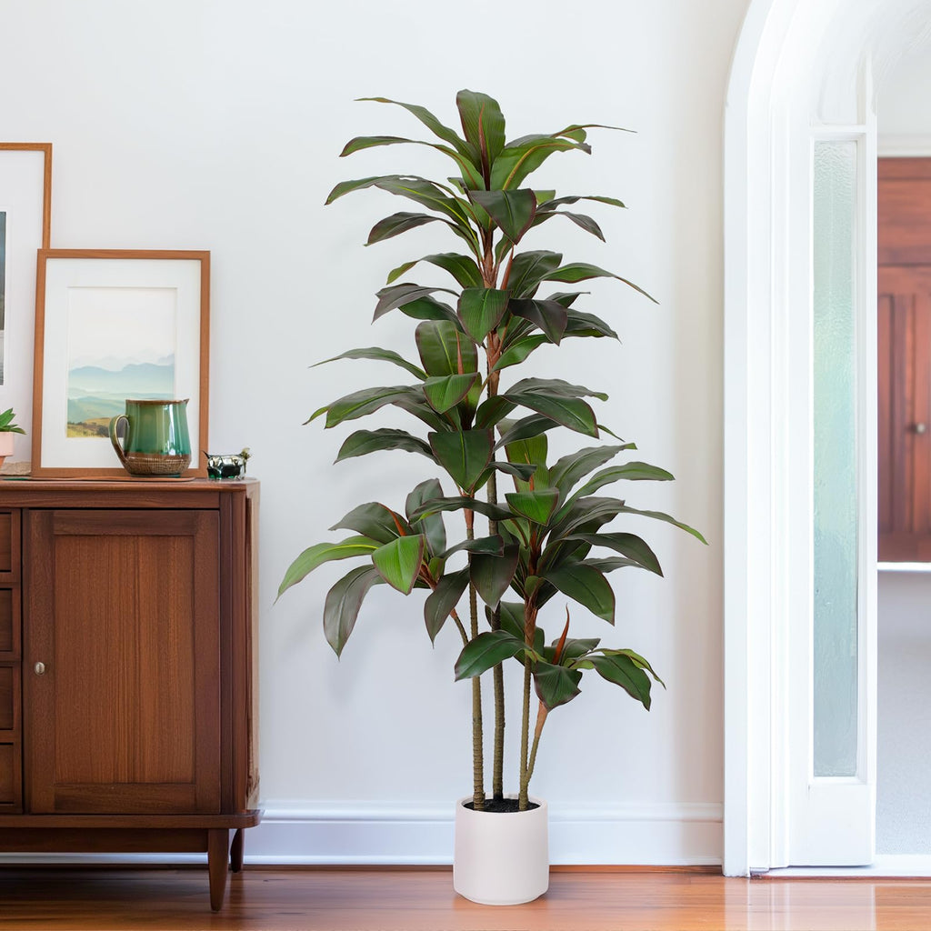 Artificial Dracaena Tree 5 FT, Fake Tree with White Planter, Faux Yucca Silk Floor Plants Indoor, Artificial Trees
