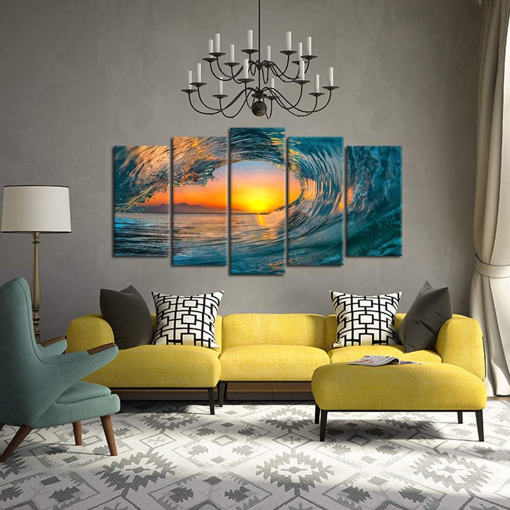 Large 5 Piece Sea Waves Wall Art Modern Framed Giclee Canvas Prints Seascape Artwork Ocean Beach Pictures Paintings