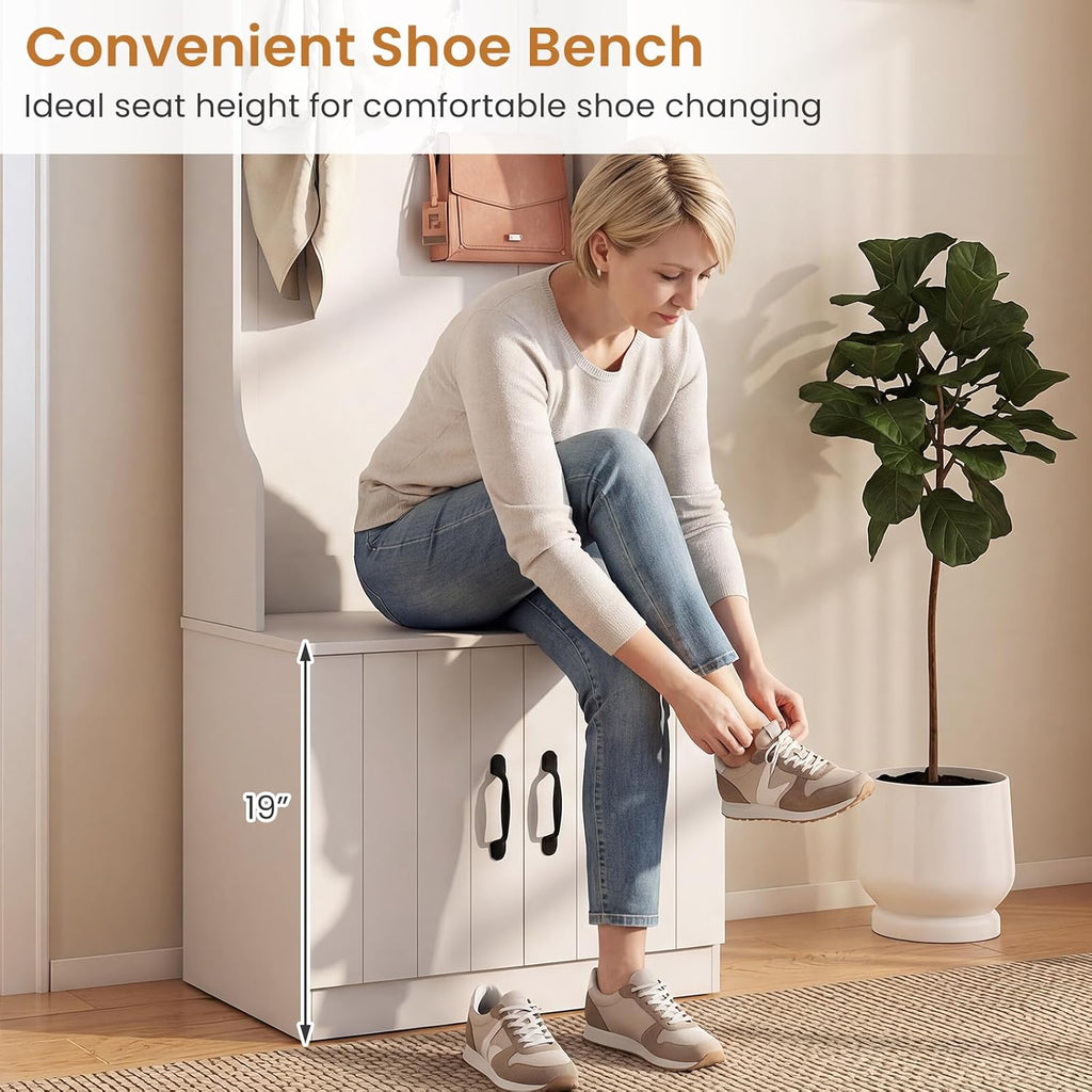 3-in-1 Hall Tree with Bench and Shoe Storage, 23.5" Tall Coat Rack with Adjustable Shelves, 4 Hanging Hooks, 2-Door