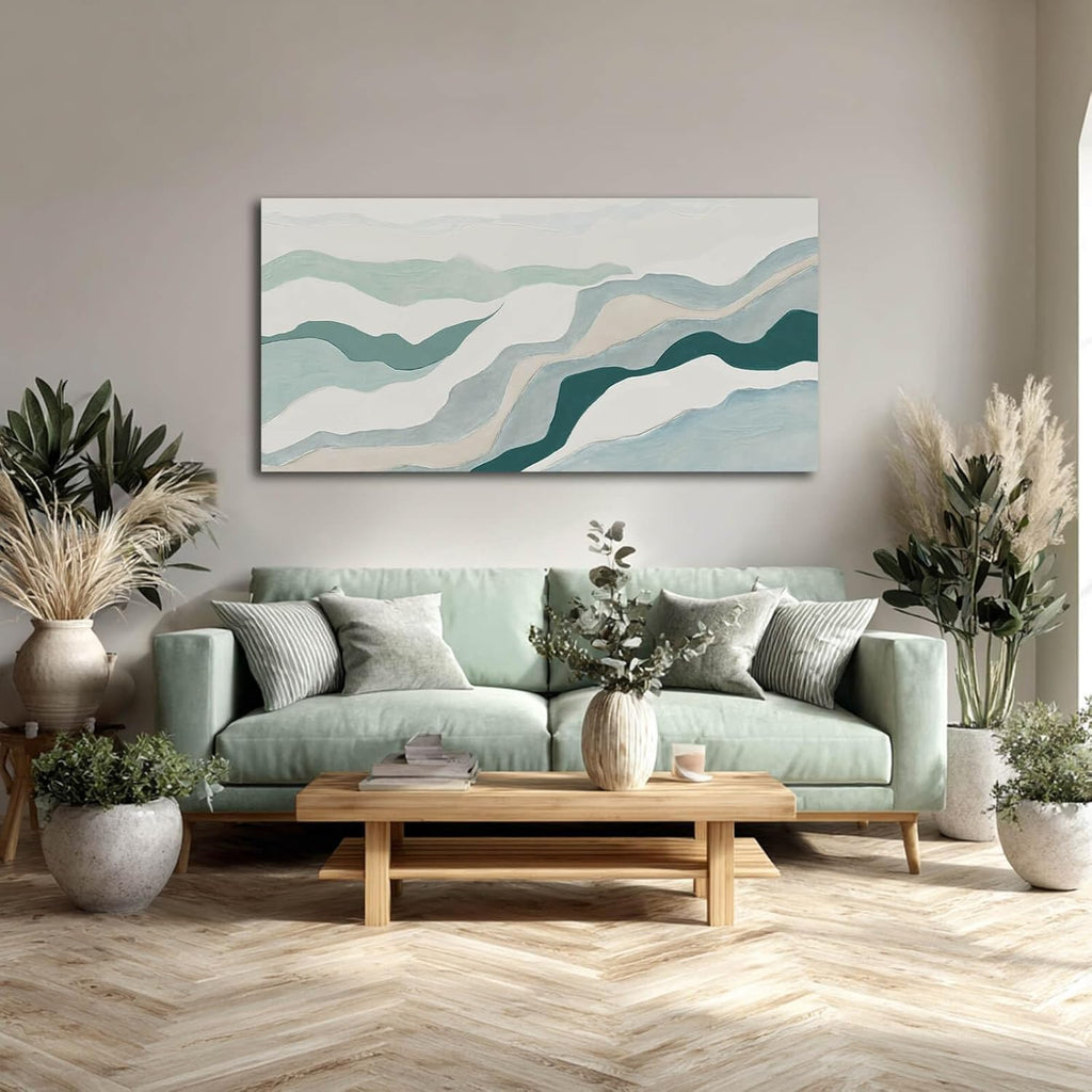 Neutral Abstract Wall Art Geometric Canvas Painting Blue Green and White Pictures Wall Decor Bedroom Modern Artwork