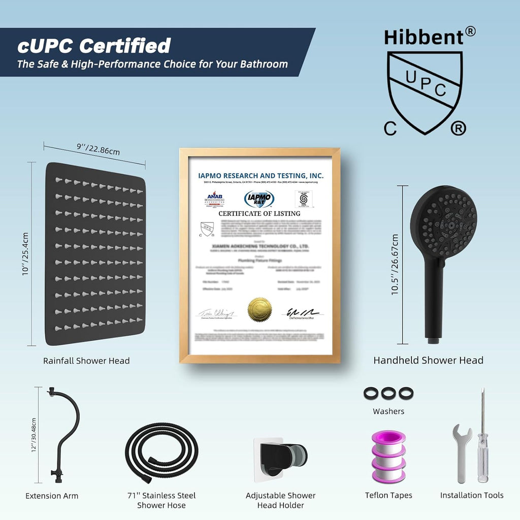 All Metal High Pressure Rainfall 10'' Shower Head, CUPC Certified Handheld Showerhead Combo
