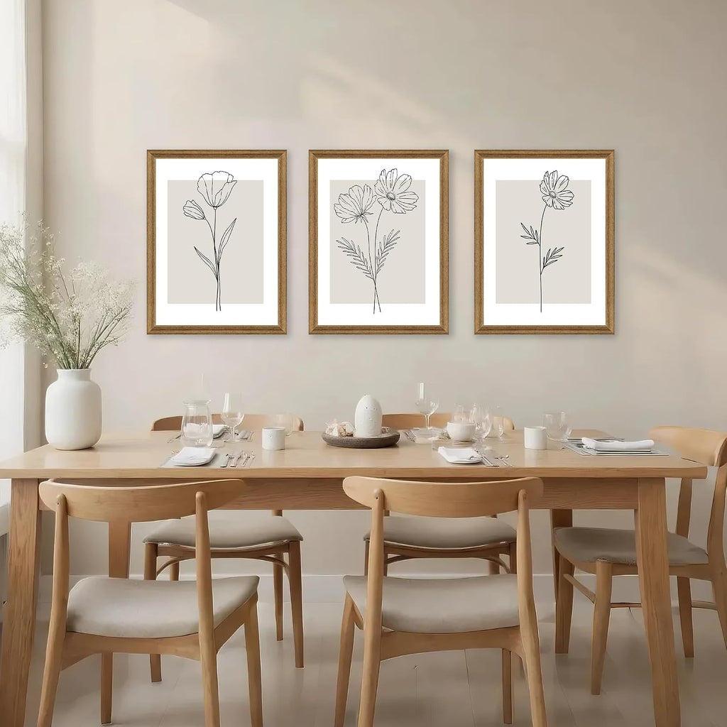 Neutral Botanical Floral Wall Art, Black and White Farmhouse Flowers Wall Decor, Modern Minimalist Line Art Canvas