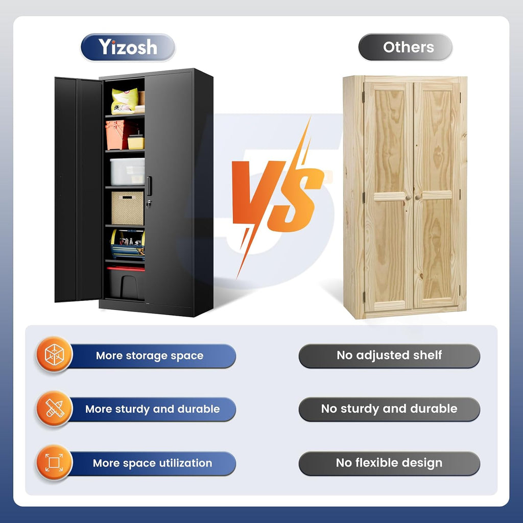 Metal Storage Cabinet with Lock - 72" Garage Storage Cabinet with 2 Locking Doors and 5 Adjustable Shelves, Black