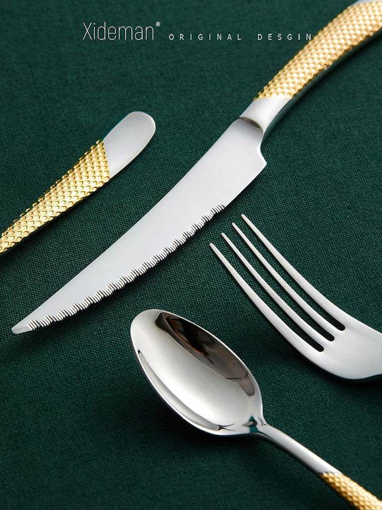 16-Piece Hammered Silver Gold Silverware Set, Modern Golden 18/10 Stainless Steel Flatware Set