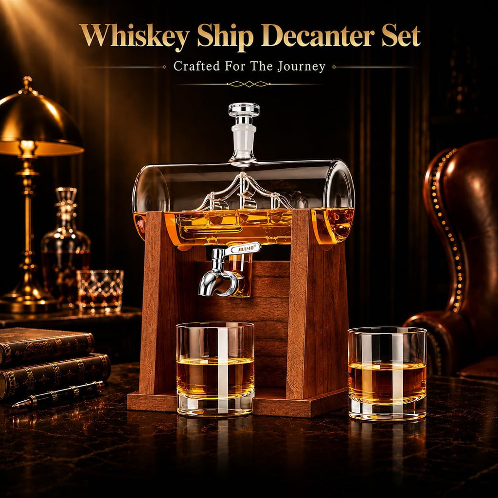 Ship Whiskey Decanter Set for Men, 1250ml Liquor Decanter Gift with Ship Inside, 2 Whiskey Glasses & Wooden Stand