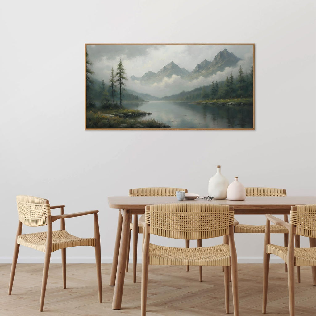 Large Green Forest Framed Canvas Wall Art, Misty Mountain Lake Wall Decor, Modern Foggy Wood Landscape Artwork