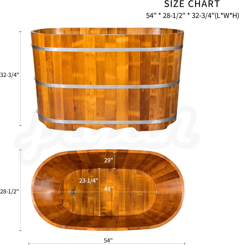 54-Inch Japanese Bathtub & Deep Soaking Tub, Freestanding Wooden Soaking Bathtub Handcrafted from Solid Rubberwood