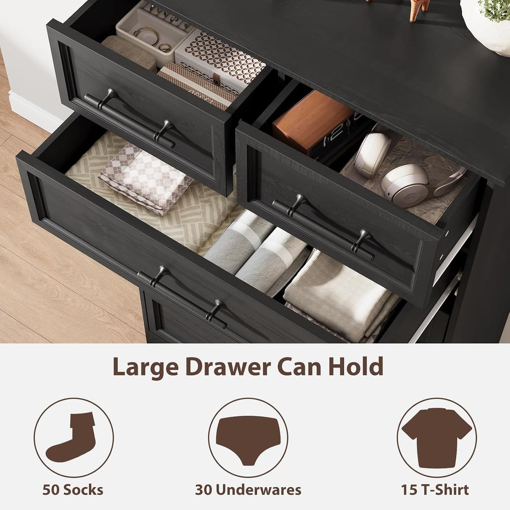 Black 7 Drawer Dresser , 52" Tall Chest of Drawers | Brushed Metal Handles, Unique Base Design, Replicated Wood Grain