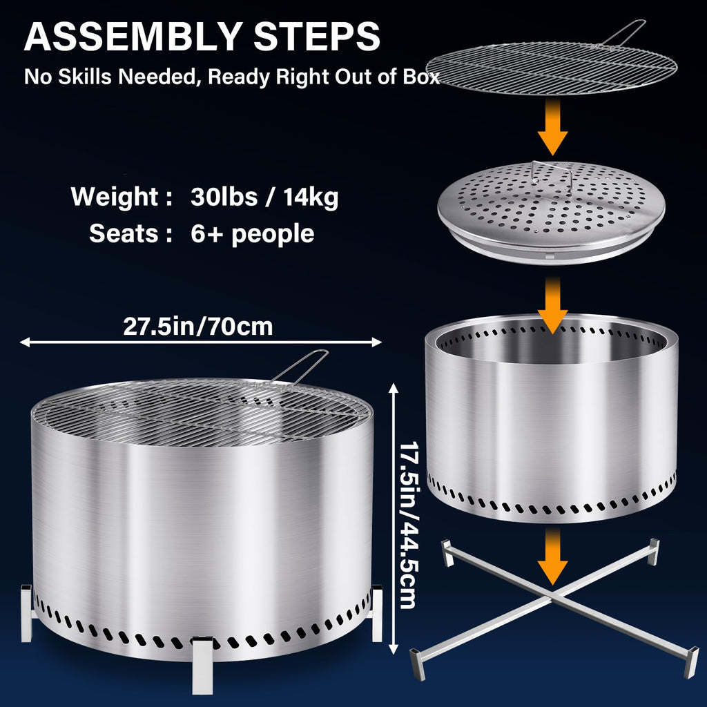 28" Smokeless Fire Pit with Stand & Grill Rack, Large Stainless Steel Wood Burning Firepit with Secondary Combustion