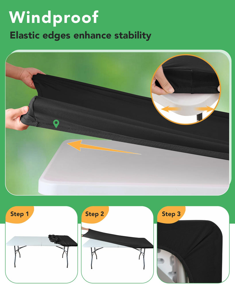 Fitted Tablecloth Rectangle Table Cloths with Elastic, 6 ft, Black, 6 Pack