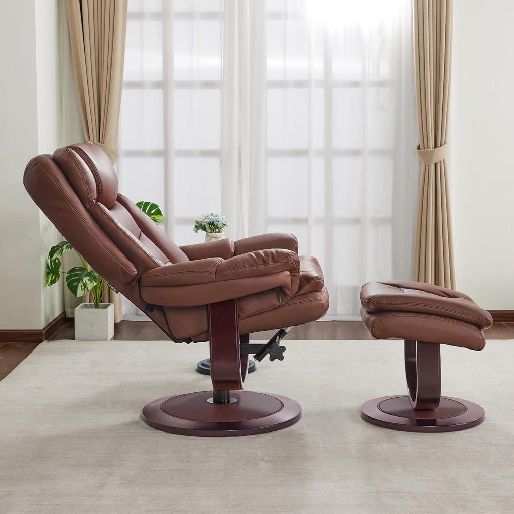 Modern Reclining Swivel Lounge Chair and Ottoman — Brown Faux Leather