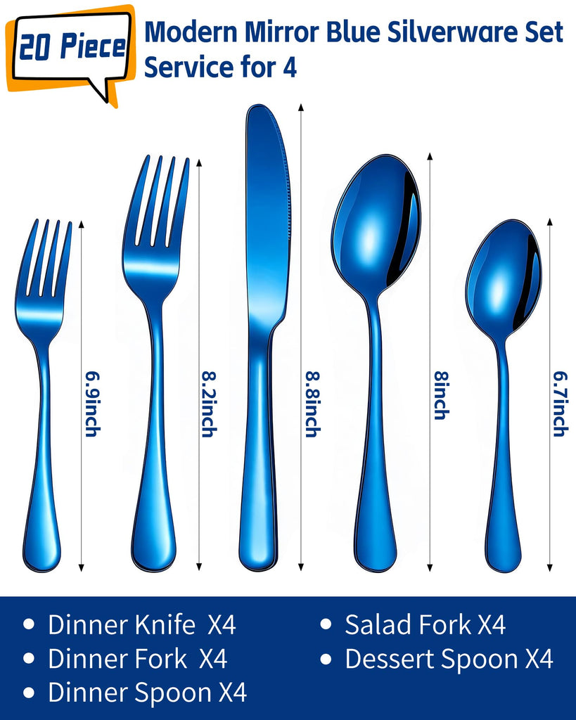 20-Piece Blue Silverware Set, Stainless Steel Flatware Set for 4