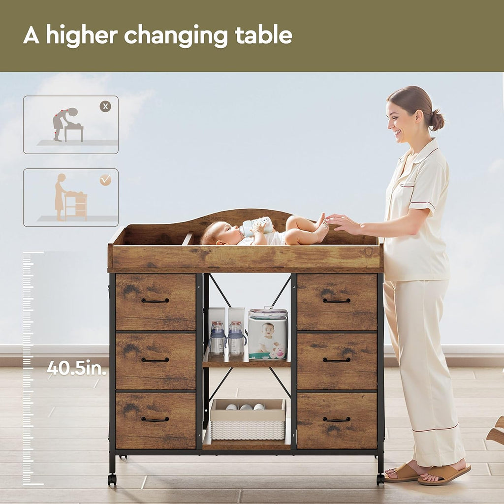 Changing Table, 6-Drawer Dresser, Adjustable Shelves, Rustic Brown | Changing Table,Waterproof Diaper pad & Safety