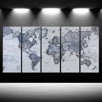 5 Pieces Vintage World Map Canvas Prints Push Pin Wall Art Decor Trace Travel Marks The Map of The World Antique