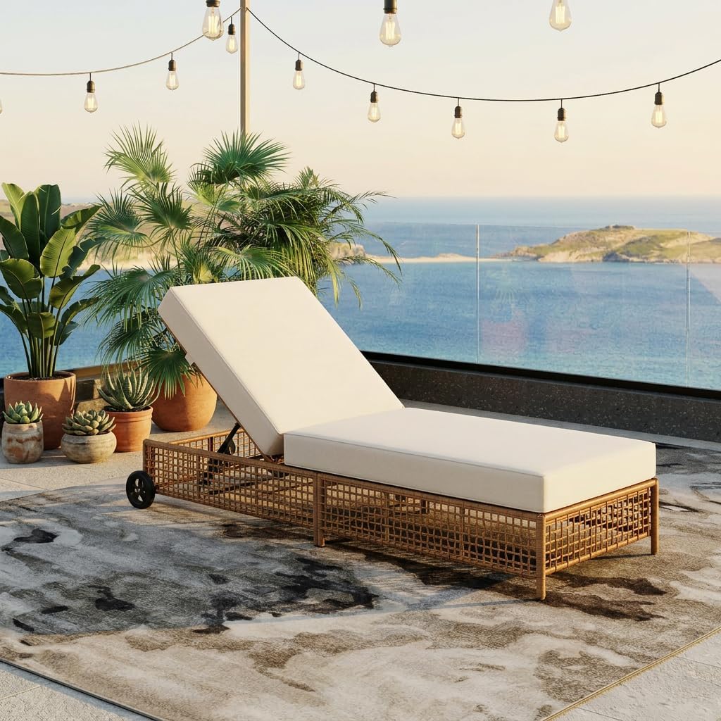 Outdoor Patio Chaise Lounge with Cushion, Acacia Wood and Wicker Sun Lounger, 5-Position Adjustable Backrest, Garden