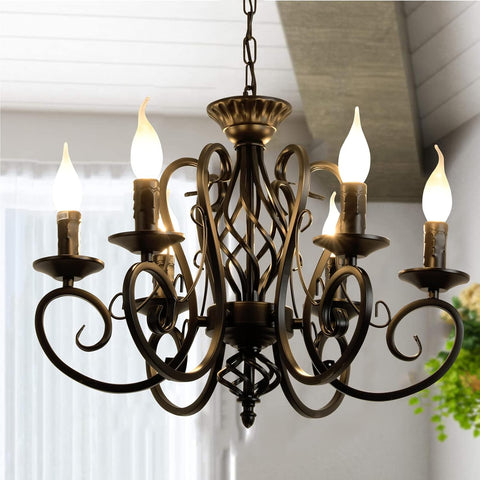 Black French Country Chandelier,6 Lights Farmhouse Candle Iron Chandeliers,Vintage Metal Pendant Light Fixture for Kitchen Island,Dining Room,Bedroom A109-B07S8P1D9P