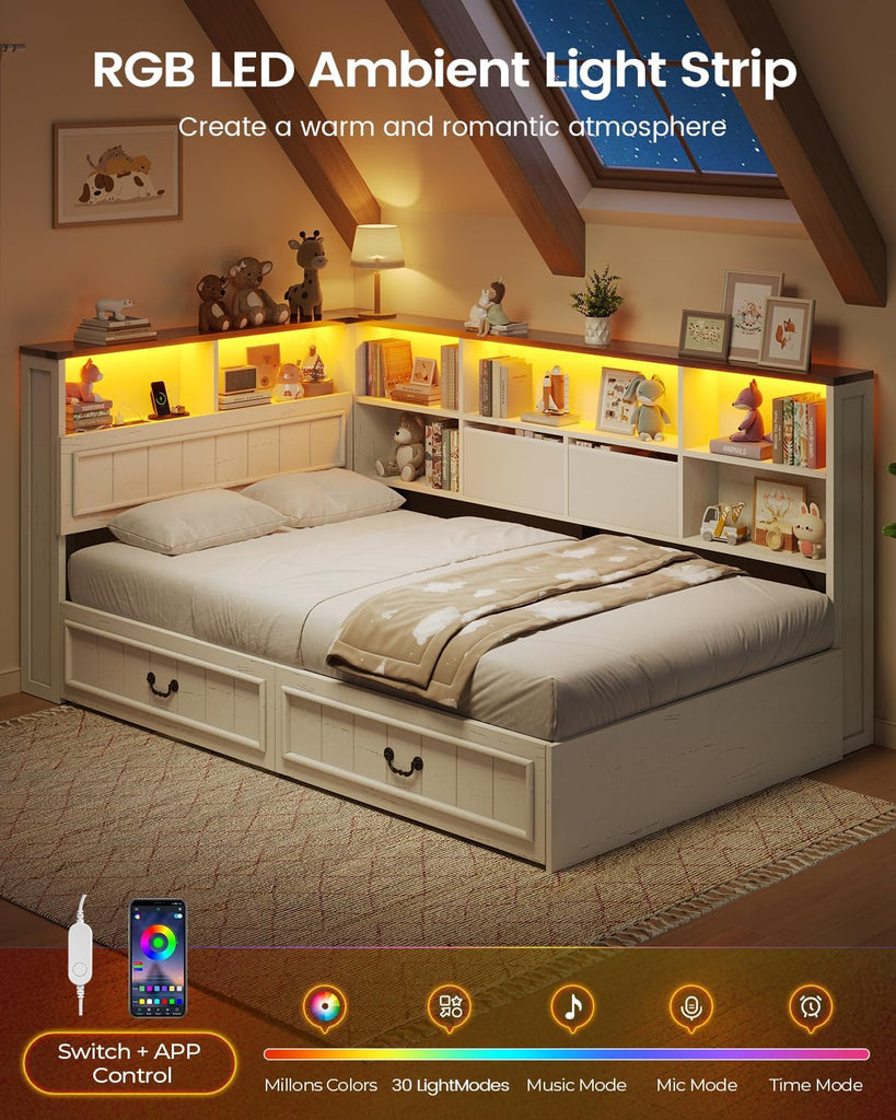 Twin Corner Bed Frame with Storage Drawers and Bookcase Hidden Headboard, Charging Station and Led Lights, Farmhouse