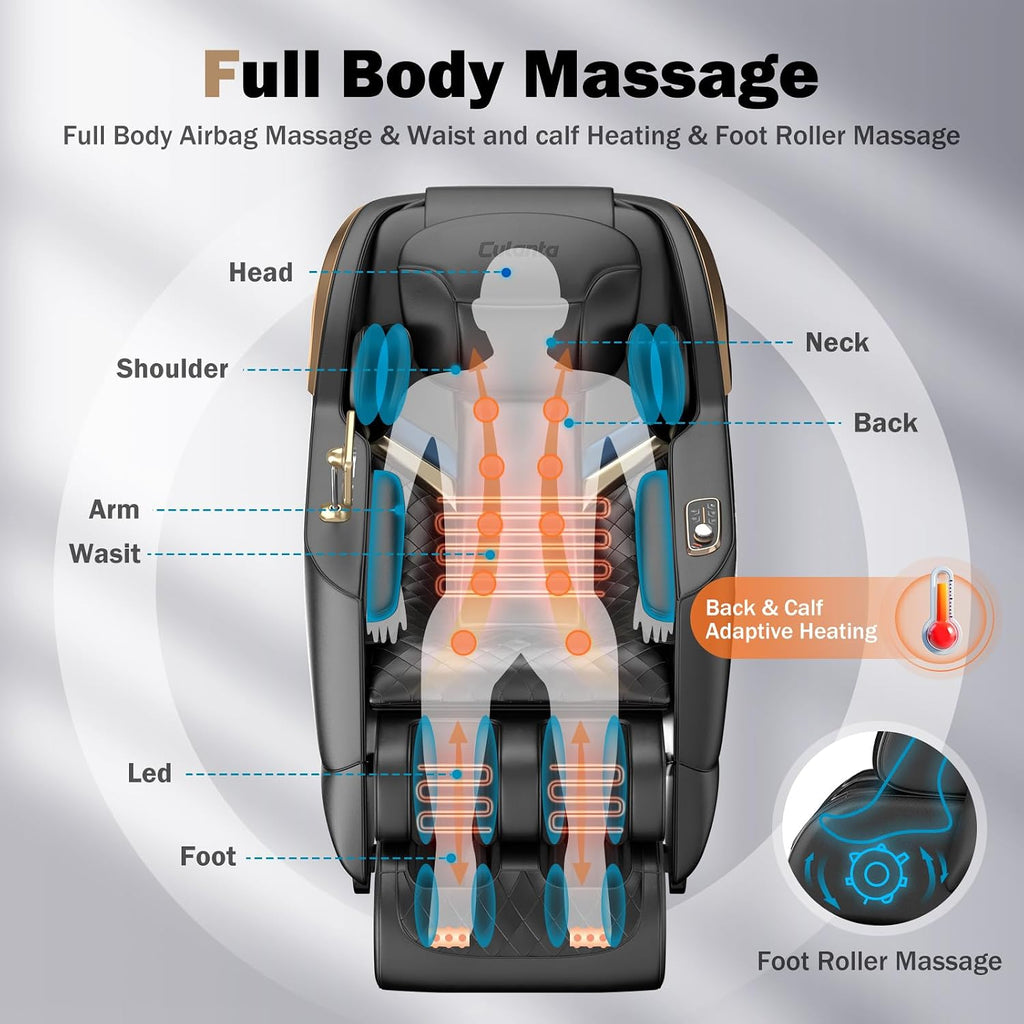 Massage Chair Full Body 53" SL-Track Zero Gravity Shiatsu, Black | Full-Body Airbags, 5 Modes, 6 Techniques, Body