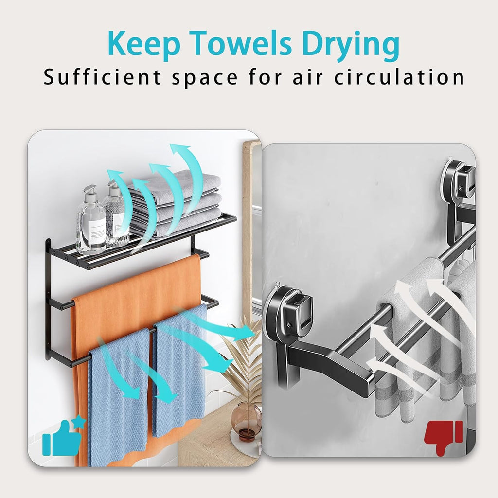 Towel Racks , 24 in Black Towel Shelf with Double Towel Bar, 3 Tier Stainless Steel Towel Storage, Bath Towel Holder